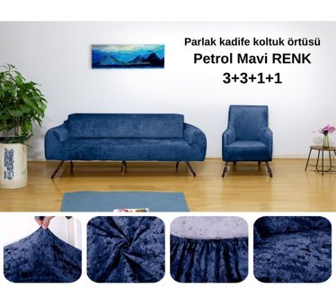 Etles Home Kadife Likralı Jakarlı Süngersiz Armürlü Giydirmeli Mavi Sekizli Koltuk Örtüsü 180x220 cm