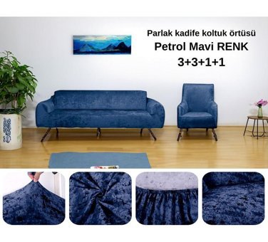 Etles Home Kadife Likralı Jakarlı Süngersiz Armürlü Giydirmeli Mavi Sekizli Koltuk Örtüsü 180x220 cm