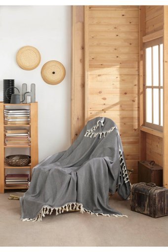 Miracolo Home Pamuklu - Polyester Püsküllü Süngersiz Geometrik Desenli Siyah Tekli Koltuk Örtüsü 120x150 cm