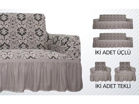 Altınkoza Pamuklu - Polyester Fırfırlı Süngersiz Damask Desenli Giydirmeli Lastikli Krem Tekli Koltuk Örtüsü 84x203 cm