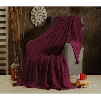 Zerif Home Akrilik Örgü Ponponlu Süngersiz Düz Bordo Tekli Koltuk Örtüsü 130x180 cm