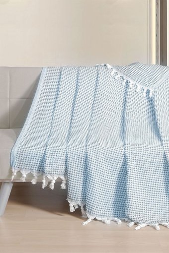 Meslina Home Pamuklu Püsküllü Süngersiz Çizgili Mavi Tekli Koltuk Örtüsü 180x220 cm