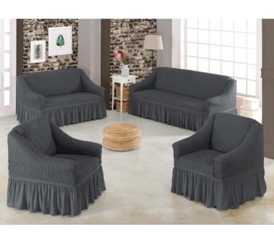 Elgeyar Pamuklu - Polyester Bürümcük Jakarlı Süngersiz Armürlü Giydirmeli Gri Yedili Koltuk Örtüsü 183x230 cm