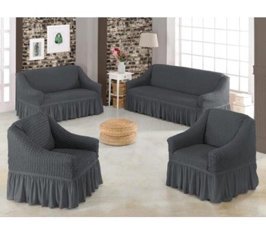 Elgeyar Pamuklu - Polyester Bürümcük Jakarlı Süngersiz Armürlü Giydirmeli Gri Yedili Koltuk Örtüsü 183x230 cm