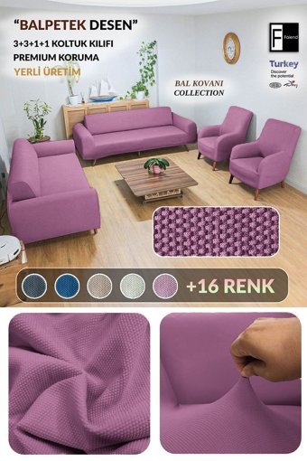 Faiend Polyester Süngersiz Düz Giydirmeli Gül Kurusu 3-3-1-1 Koltuk Örtüsü 80x125 cm
