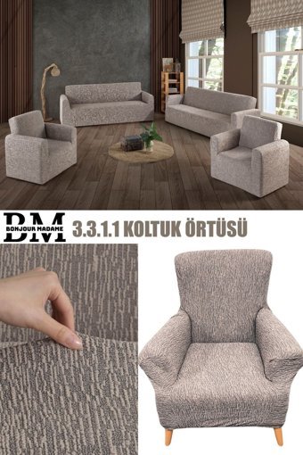 Bonjourmadame Polyester Süngersiz Çizgili Giydirmeli Lastikli Kahverengi Dörtlü Koltuk Örtüsü 180x230 cm
