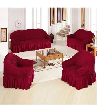 Uzhanem Pamuklu - Polyester Bürümcük-Likralı Drapeli Süngerli Petek Desenli Giydirmeli Bordo Dörtlü Koltuk Örtüsü 180x230 cm