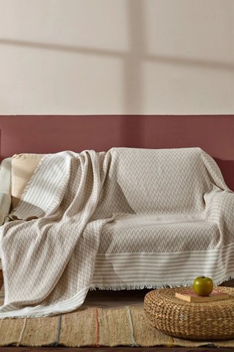 Fushia Home Fushia Bambu - Pamuklu Kanvas Saçaklı Süngersiz Armürlü Bej Üçlü Koltuk Örtüsü 180x200 cm