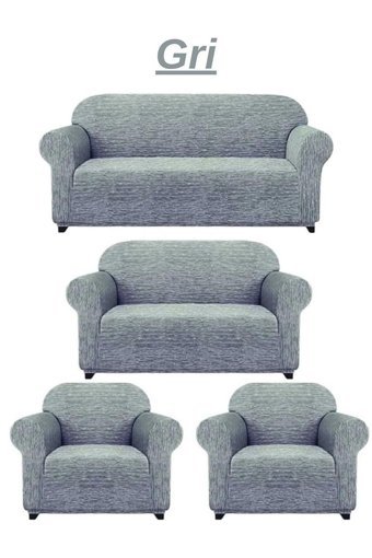 Uytm Likralı Jakarlı Süngerli Çizgili Giydirmeli Gri Dörtlü Koltuk Örtüsü 180x230 cm