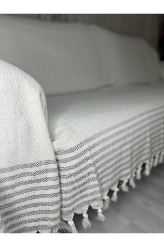Nasır Home Pamuklu Püsküllü Süngersiz Düz Ekru Dörtlü Koltuk Örtüsü 180x300 cm