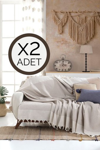 Lux Touch Bergama Pamuklu Saçaklı Süngersiz Geometrik Desenli Bej İkili Koltuk Örtüsü 180x200 cm