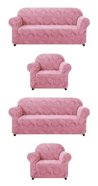 Uytm Pamuklu Likralı Jakarlı Süngerli Çizgili Giydirmeli Pembe Dörtlü Koltuk Örtüsü 180x230 cm