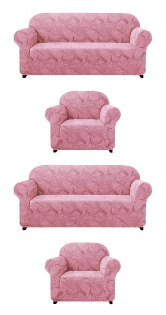 Uytm Pamuklu Likralı Jakarlı Süngerli Çizgili Giydirmeli Pembe Dörtlü Koltuk Örtüsü 180x230 cm