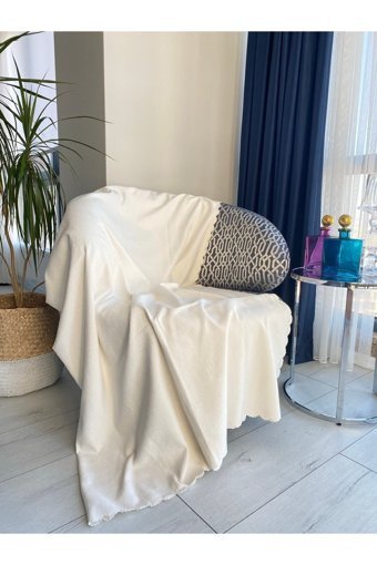 Koçhan Manifatura Pamuklu Jakarlı Süngerli Çizgili Ekru Tekli Koltuk Örtüsü 175x215 cm