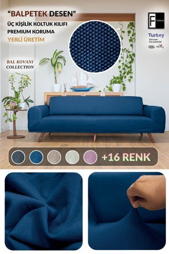 Faiend Polyester Süngersiz Düz Giydirmeli Lacivert Üçlü Koltuk Örtüsü 180x230 cm