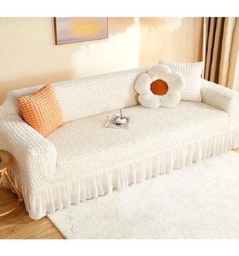 Nurlan Pamuklu - Polyester Bürümcük Fırfırlı Süngersiz Kareli Giydirmeli Bej Tekli Koltuk Örtüsü 180x230 cm