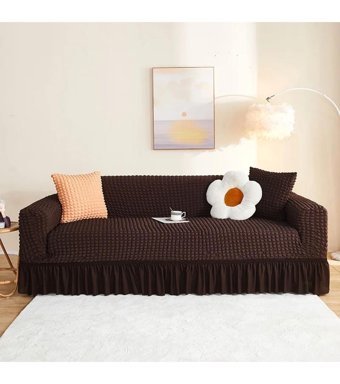 Özmakan Pamuklu - Polyester Bürümcük Jakarlı Süngersiz Düz Giydirmeli Kahverengi Üçlü Koltuk Örtüsü 180x230 cm