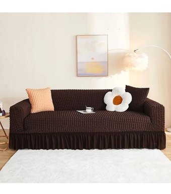 Özmakan Pamuklu - Polyester Bürümcük Jakarlı Süngersiz Düz Giydirmeli Kahverengi Üçlü Koltuk Örtüsü 180x230 cm