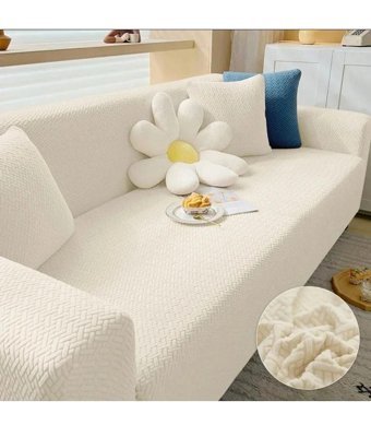 Güzel Aral GAHD-3 Pamuklu - Polyester Tuğla Desenli Giydirmeli Lastikli Bej Üçlü Koltuk Örtüsü 180x230 cm