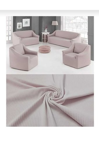 Çeçen Home Polyester Likralı Jakarlı Süngersiz Düz Giydirmeli Pembe Yedili Koltuk Örtüsü 18 cm