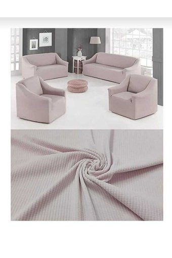 Çeçen Home Polyester Likralı Jakarlı Süngersiz Düz Giydirmeli Pembe Yedili Koltuk Örtüsü 18 cm