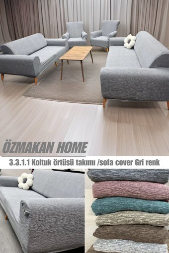 Özmakan Pamuklu - Polyester Likralı Jakarlı Süngersiz Çizgili Giydirmeli Gri Üçlü Koltuk Örtüsü 185x220 cm