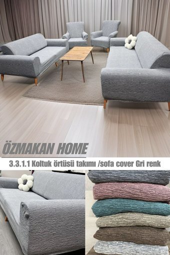 Özmakan Pamuklu - Polyester Likralı Jakarlı Süngersiz Çizgili Giydirmeli Gri Üçlü Koltuk Örtüsü 185x220 cm