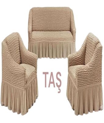 Furkanticaret Polyester Bürümcük Fırfırlı Süngersiz Kapitone Giydirmeli Bej 3-3 -1 Koltuk Örtüsü 80x120 cm