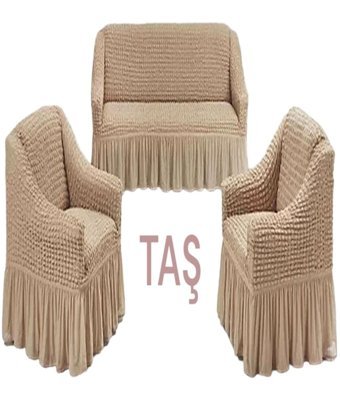 Furkanticaret Polyester Bürümcük Fırfırlı Süngersiz Kapitone Giydirmeli Bej 3-3 -1 Koltuk Örtüsü 80x120 cm