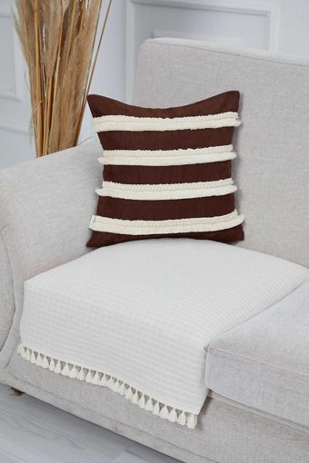 Aisha's Design KO-24-T Pamuklu Saçaklı Süngersiz Düz Giydirmeli Lastikli Bej Tekli Koltuk Örtüsü 90x75 cm