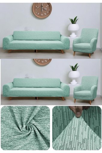 Seltenet Likralı Jakarlı Süngersiz Çizgili Giydirmeli Su Geçirmez Yeşil Dörtlü Koltuk Örtüsü 180x230 cm