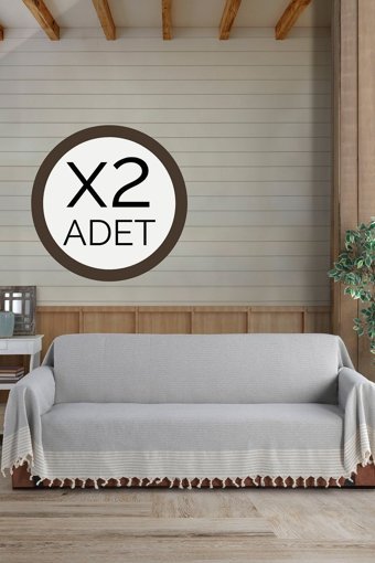 Lux Touch Pamuklu Püsküllü Süngersiz Geometrik Desenli Gri İkili Koltuk Örtüsü 180x300 cm