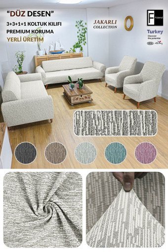 Faiend Pamuklu - Polyester Jakarlı Süngersiz Kırçıllı Giydirmeli Krem 3-3-1-1 Koltuk Örtüsü 180x220 cm