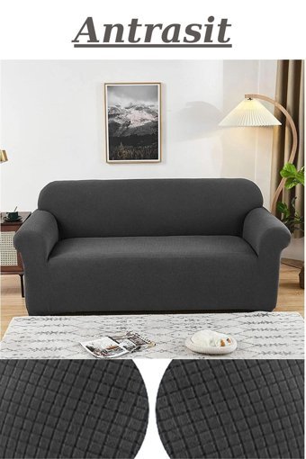 Akyol Home Pamuklu - Polyester Likralı Süngersiz Kareli Giydirmeli Lastikli Gri Tekli Koltuk Örtüsü 180x230 cm
