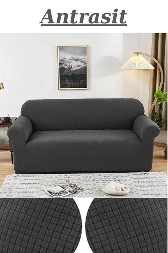 Akyol Home Pamuklu - Polyester Likralı Süngersiz Kareli Giydirmeli Lastikli Gri Tekli Koltuk Örtüsü 180x230 cm