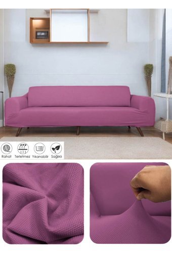 Riseler Home Pamuklu - Polyester Likralı Jakarlı Süngersiz Çiçek Desenli Giydirmeli Pembe Üçlü Koltuk Örtüsü 180x230 cm