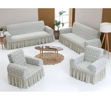 Bright Home Pamuklu - Polyester Fırfırlı Süngersiz Şal Desenli Giydirmeli Lastikli Gri Dörtlü Koltuk Örtüsü 180x230 cm