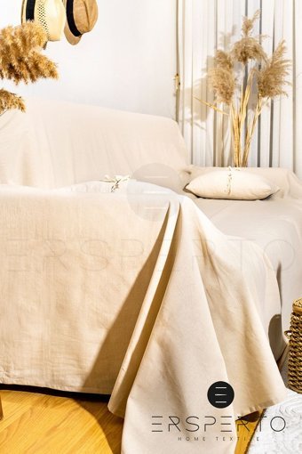 Ersperto Natural Keten Kanvas Jakarlı Süngersiz Armürlü Bej Üçlü Koltuk Örtüsü 180x450 cm