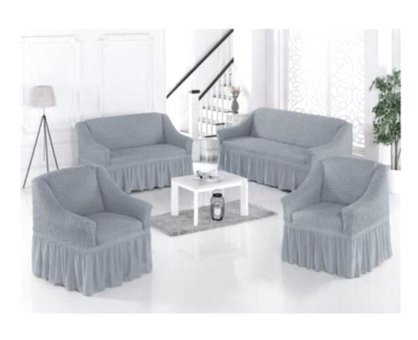 Nusret Pamuklu Bürümcük Fırfırlı Süngersiz Kareli Giydirmeli Gri Dörtlü Koltuk Örtüsü 180x230 cm
