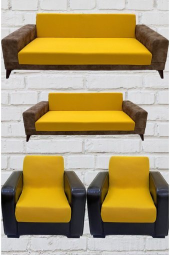 Şahane Ev Mikro Polyester Likralı Jakarlı Süngersiz Düz Giydirmeli Lastikli Sarı Üçlü Koltuk Örtüsü 55x8 cm