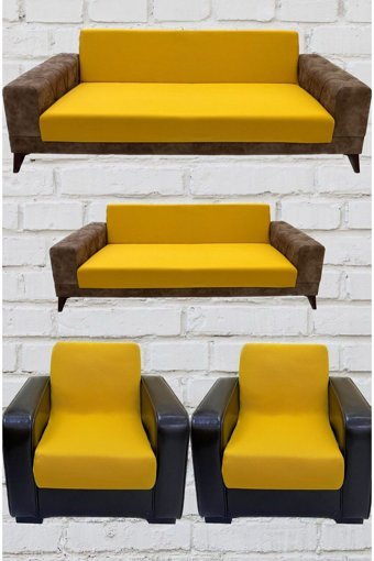 Şahane Ev Mikro Polyester Likralı Jakarlı Süngersiz Düz Giydirmeli Lastikli Sarı Üçlü Koltuk Örtüsü 55x8 cm