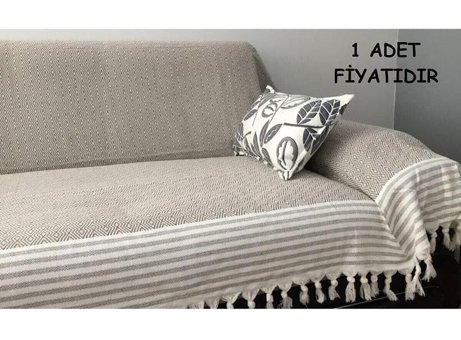 Coperta Pamuklu Kanvas Püsküllü Süngersiz Armürlü Kahverengi Üçlü Koltuk Örtüsü 180x300 cm