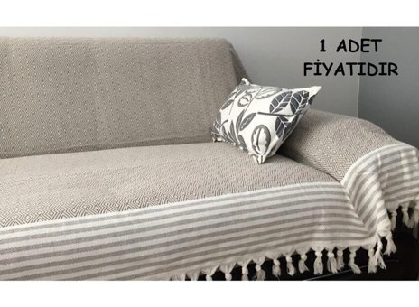 Coperta Pamuklu Kanvas Püsküllü Süngersiz Armürlü Kahverengi Üçlü Koltuk Örtüsü 180x300 cm
