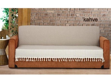 Genç Uludağ Pamuklu Püsküllü Süngersiz Çizgili Bej Tekli Koltuk Örtüsü 180x220 cm