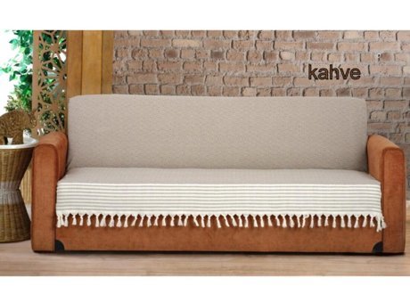 Genç Uludağ Pamuklu Püsküllü Süngersiz Çizgili Bej Tekli Koltuk Örtüsü 180x220 cm