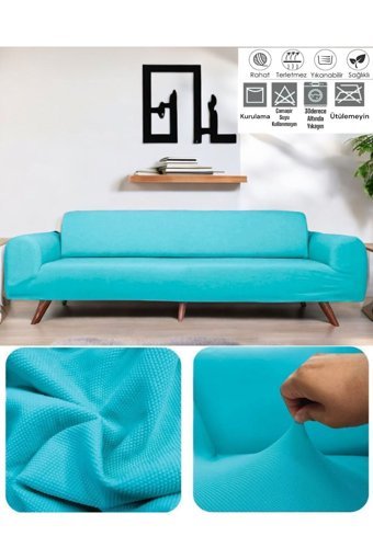 Seltenet Polyester Likralı Jakarlı Süngersiz Petek Desenli Giydirmeli Su Geçirmez Turkuaz Tekli Koltuk Örtüsü 180x230 cm