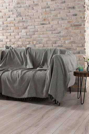 Vagonik Pamuklu Polar Saçaklı Süngersiz Geometrik Desenli Yeşil Tekli Koltuk Örtüsü 180x230 cm