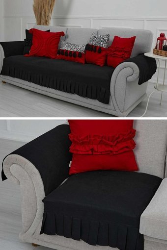 Aisha's Design KTK-6 Polyester Örgü Pileli Süngersiz Düz Siyah İkili Koltuk Örtüsü 90x210 cm