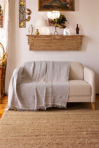 Koza Home Pamuklu Saçaklı Süngersiz Geometrik Desenli Gri Tekli Koltuk Örtüsü 175x210 cm