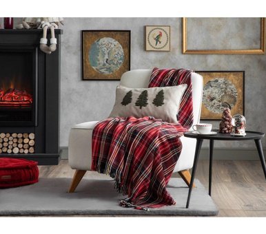 English Home Rita Pamuklu Kanvas Saçaklı Süngersiz Armürlü Kırmızı Tekli Koltuk Örtüsü 130x170 cm